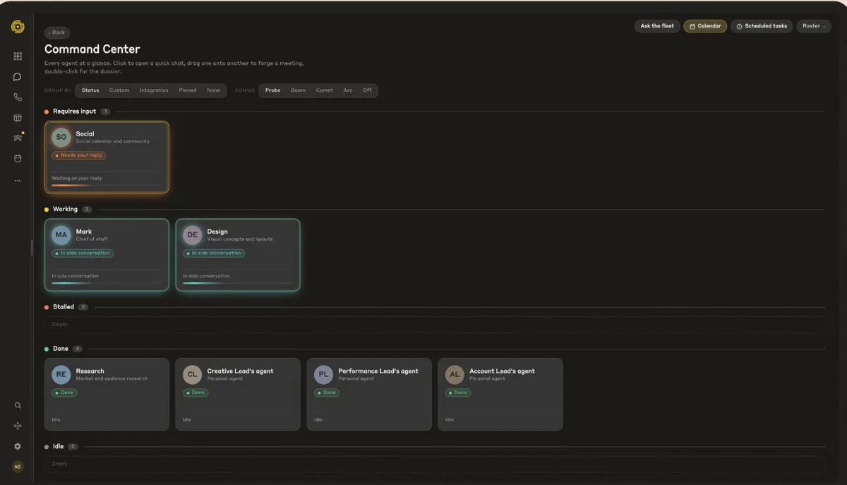 Command center showing agents grouped by status