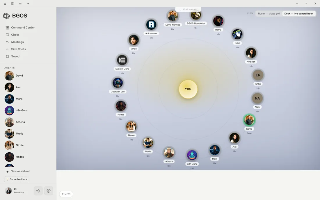 Home of Agents command center with agents arranged around the user